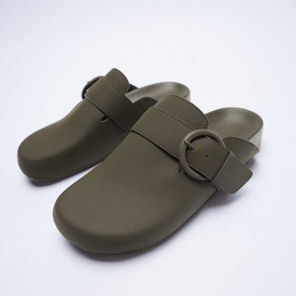 Zara Shoes - NWT Zara Size 7.5 Khakhi Green Buckled Chunky Rubberized Clogs